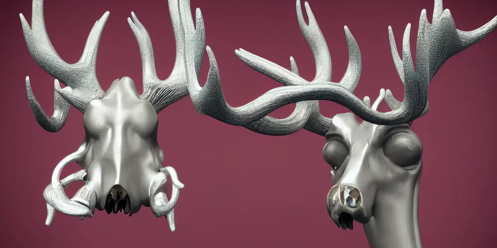 Image similar to stylized shiny polished silver statue full body bizarre extra limbs cosmic horror quadruped animal moose deer skull four legs made of marble of slug worm creature tendrils perfect symmetrical body perfect symmetrical face hyper realistic hyper detailed by johannen voss by michelangelo octane render blender 8 k displayed in pure white studio room anatomical deep red arteries veins flesh hell