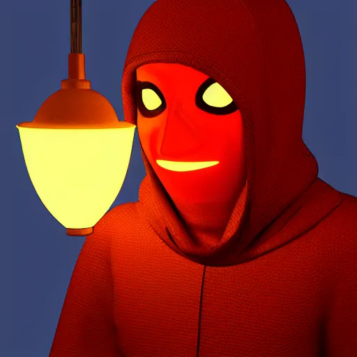 Prompt: guy in the mask with the hood in the night city under the glowing lamp digital art pixel made in blender