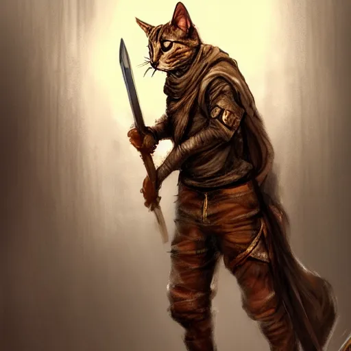 Prompt: humanoid homeless cat wearing rags and wielding a broadsword, concept art, d & d, fantasy, trending on artstation