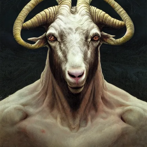 Prompt: vladimir putin is anthropomorphic goat hybrid, face of putin macabre, horror, by donato giancola and greg rutkowski and wayne barlow and zdzisław beksinski, digital art