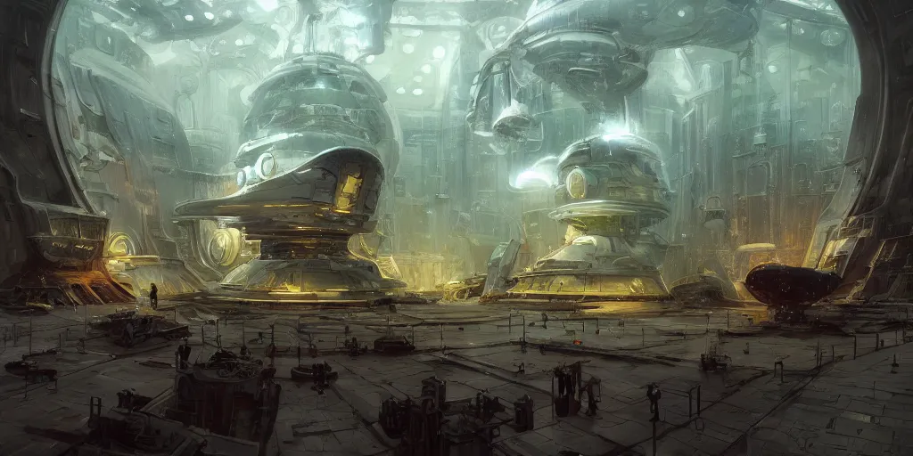 Image similar to one thousand aligned cryogenic pods, spaceship hangar, wide shot, matte painting, oil painting, concept art, alan lee and peter mohrbacher and frank frazetta and mike mignola