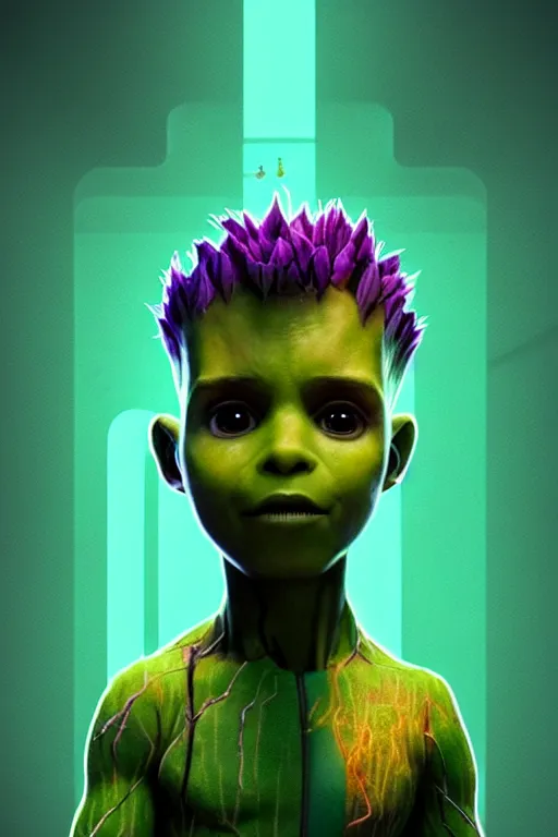 Prompt: duotone concept illustration 3 / 4 portrait of kid face consisting of marijuana, baby groot, cannabis!, high quality 3 d render very cute cyborg weed! incorporated speakers!, cyberpunk highly detailed, unreal engine cinematic smooth, in the style of blade runner & detective pikachu, hannah yata charlie immer, moody light, low angle, uhd 8 k, sharp focus