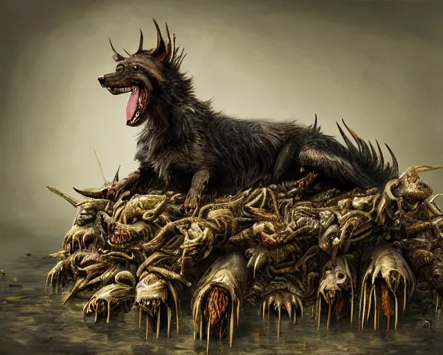 Image similar to Haunting horrifying hyperrealistic detailed painting of a dog canine creature sitting atop a giant throne of spikes, heavy metal, disgusting, creepy, unsettling, in the style of hyper detailed, trending on Artstation