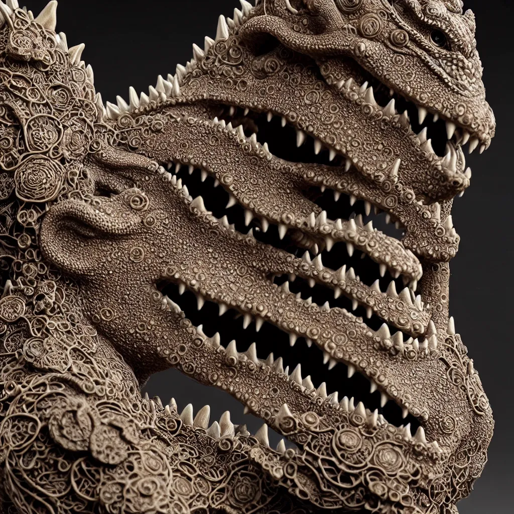 Image similar to a single close up photo - real delicate ceramic porcelain sculpture of an ornate symmetrical godzilla detailed in front of an intricate background by victo ngai and takato yamamoto, micro detail, backlit lighting, face in focus, subsurface scattering, translucent, thin porcelain, octane rendered, colorful, physically based rendering, japanese pottery, trending on cgsociety