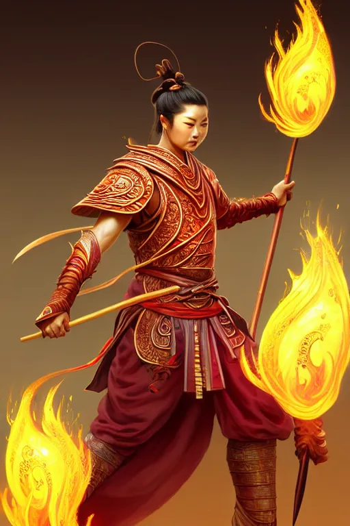 Image similar to charming nezha, highly detailed, man holding spear, flame everywhere, epic pose, masterpiece chinese fantasy character portrait, highly detailed, digital painting, trending on artstation, concept art, sharp focus, illustration, global illumination, ray tracing, realistic shaded, art by artgerm and greg rutkowski and fuji choko and viktoria gavrilenko and hoang lap