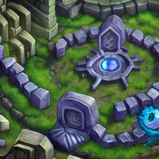 Prompt: baron nashor from league of legends surrounded by stonehenge, in the middle hyper detailed, hyper realistic, angled shot from the sky looking down,