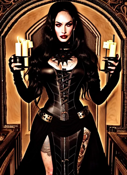 Prompt: megan fox witch queen, black eyes, blood, full body, intricate victorian dress, middle shot, cinematic lighting, studio quality, symmetrical eyes, artgerm, joshua middleton, rafael albuquerque, moody lighting, candles, art style by klimt, ian sprigger and wlop and krenz cushart