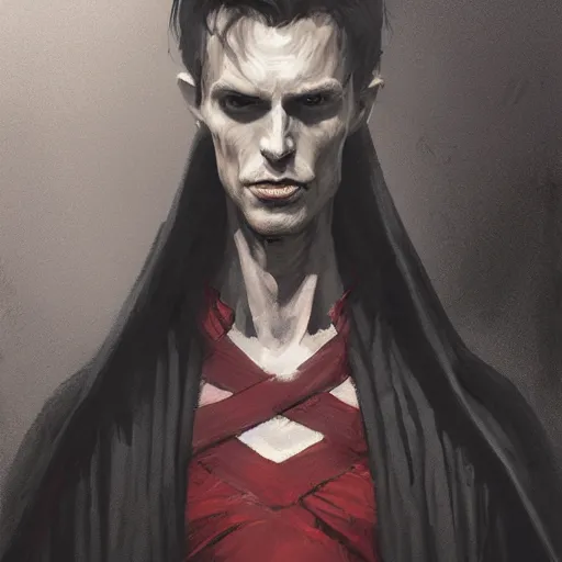 Image similar to portrait of a man by greg rutkowski, sith kinght, he looks like a vampire, long black messy hair, very tall and slender, star wars expanded universe, wearing black robes, he is about 3 0 years old, highly detailed portrait, digital painting, artstation, concept art, smooth, sharp foccus ilustration, artstation hq