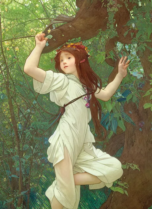 Prompt: young girl with long hair wearing shorts and a t - shirt, climbing a tree, path traced, highly detailed, high quality, digital painting, by studio ghibli and alphonse mucha, leesha hannigan, hidari, art nouveau, chiho aoshima, jules bastien - lepage