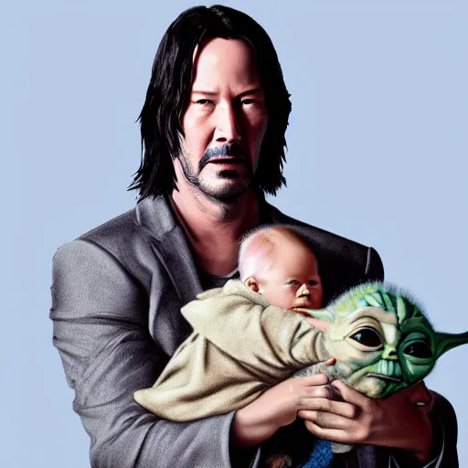 Image similar to keanu reeves holding baby yoda in his arms, matrix, detailed, hyper realistic, 4 k octan render, unreal 5