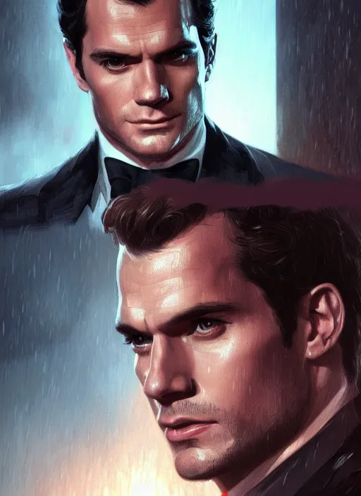 Image similar to portrait of henry cavill as james bond, casino, rain, fire, highly detailed, digital painting, artstation, concept art, cinematic lighting, sharp focus, illustration, art by artgerm and greg rutkowski and alphonse mucha