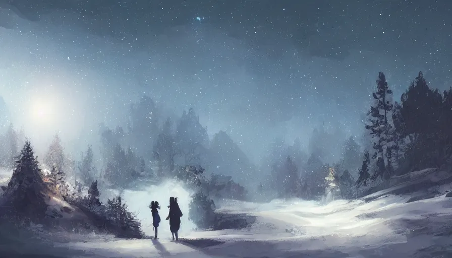 Prompt: Digital painting of two women admiring the landscape of a snowy forest with stars in the sky, a shooting star and villages in the distance, hyperdetailed, artstation, cgsociety, 8k