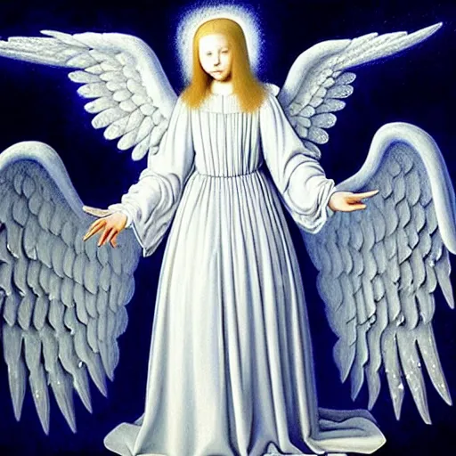 Image similar to highdetailed hyperrealistic painting of white angel!!! no gender smiling noface!!!, light instead of hands, white sparkles everywhere, 4 k hd face!!!, big silver high detailed wings!!!, renaissance, by jan van eyck, by gerhard richter, holography space, glow effect, large strokes, monochrome!!!!!