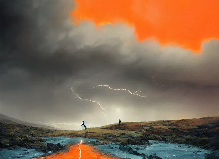 Prompt: a man with a long wavy black hair wearing a long blue coat and stands with his back to the viewer on bare rocky ground looking up at an immense approaching lightning storm. roiling dramatic threatening dangerous looming clouds. a threatening red orange cast to the picture. fantasy art by greg rutkowski and michael whelan