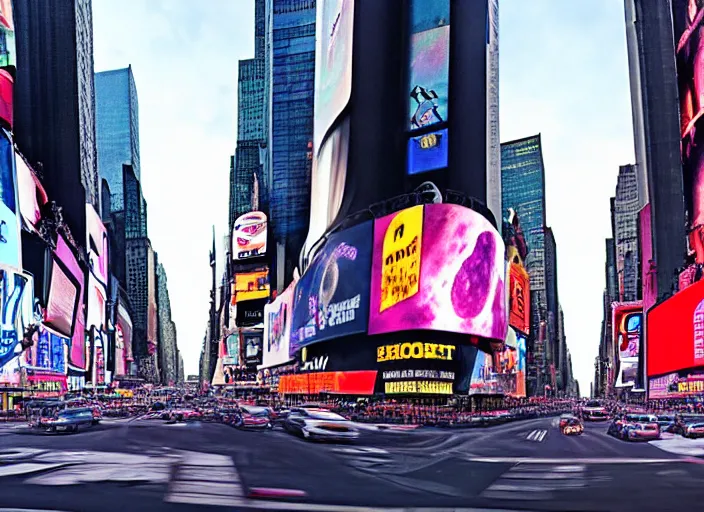 Image similar to film still of the moon shattering into pieces over time square in the new sci - fi movie, 8 k, night time