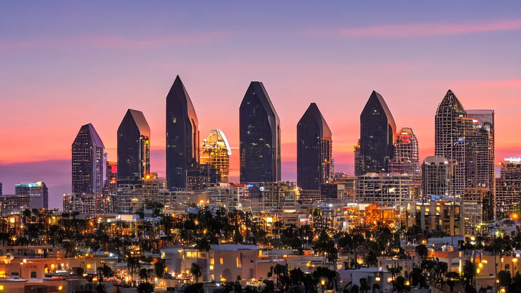 Prompt: a beautiful photo of downtown San Diego at sunset