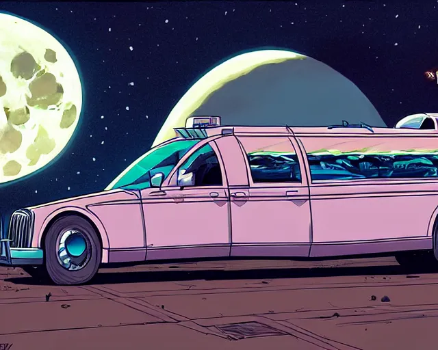 Image similar to a study of cell shaded cartoon big fat limousine, in front of a big moon, illustration, wide shot, muted colors, post grunge, concept art by josan gonzales and wlop, david rubin, mike mignola, laurie greasley, highly detailed, sharp focus, trending on artstation, hq, deviantart, art by artgem