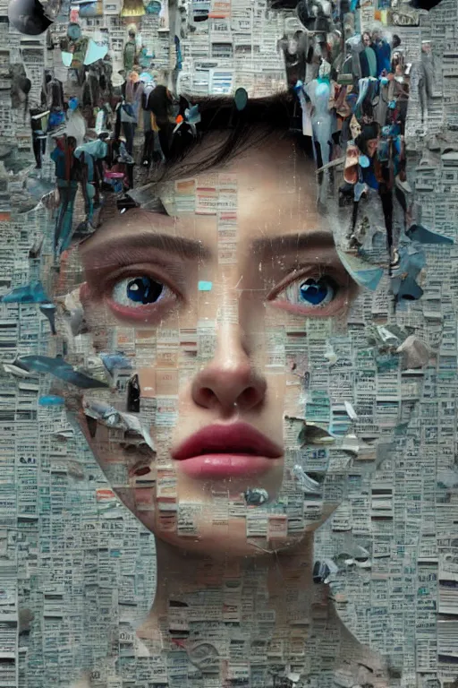 Image similar to 3 d, close - up, happy fashion model looking up, newspaper, tears, poster art, intricate oil painting, high detail, figurative art, multiple exposure, poster art, 3 d, by stanley kubrick and tooth wu and wlop and beeple