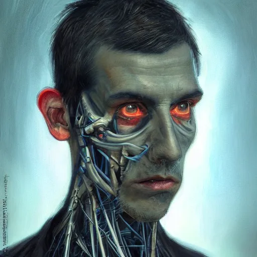 Image similar to surreal portrait of a man by Greg Rutkowski, symmetrical face, he is about 50 years old, short black hair with bangs, his features are a mix between French, Turkish and Russian, transformed into a kind of biomechanical transhuman god, blue glowing eyes, expression of epiphany and determination, cosmic void background, frightening, fascinating, highly detailed portrait, digital painting, book cover, artstation, concept art, smooth, sharp foccus ilustration, Artstation HQ