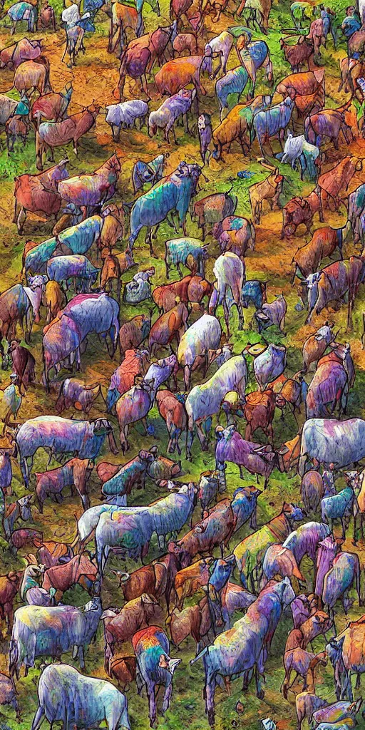 Image similar to a herd of goats in a tall citadel, colorful, beautiful, highly detailed digital painting