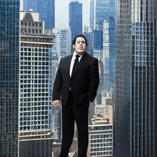 Image similar to Clean-shaven Jon Favreau as Happy Hogan wearing a black suit and black necktie and black dress shoes is climbing up a tall building in an urban city.