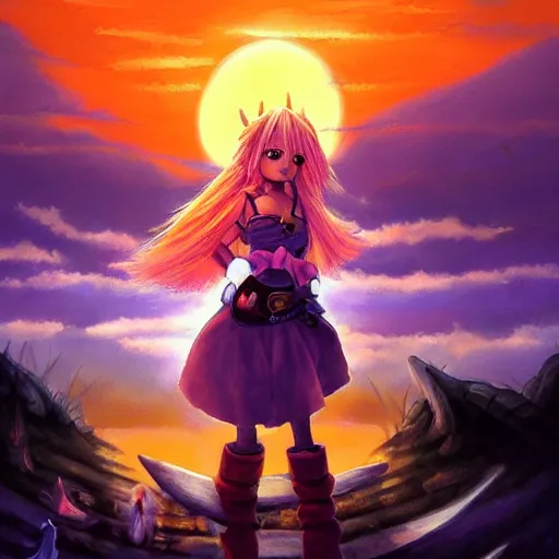 Image similar to painting of vivi from final fantasy 9!!!!!, watching a purple and orange sunset!!, from the black mage cemetery!!!, in the style of justin gerard!!!!