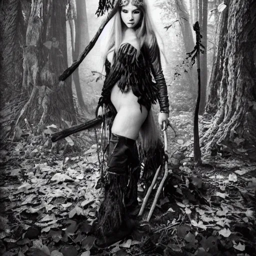 Image similar to deep gnome druid with leather clothing and leaves and sticks in her hair, photo by annie leibovitz b&w