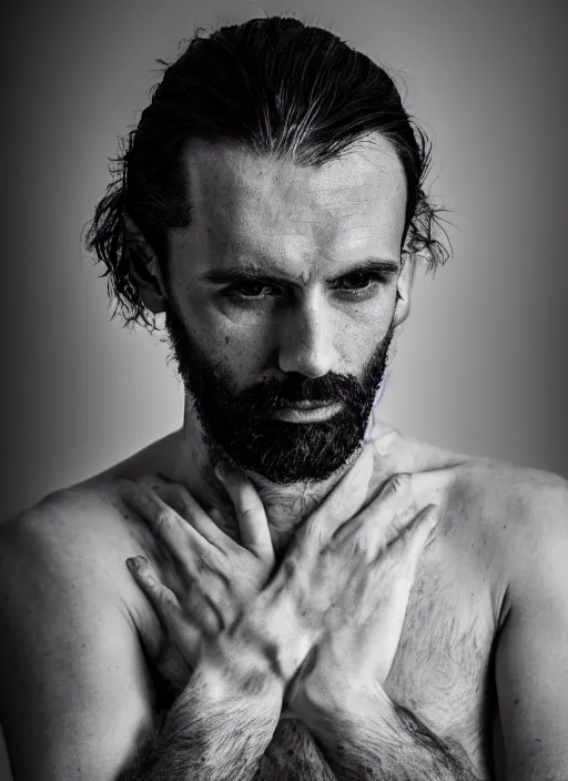 Prompt: black and white portrait shot, studio photograph of a male symmetrical handsome andrea belluci the painter artist, casual clothes, anxiety and depression, intricate, elegant, highly detailed, hyper realistic, dark background, flickr, smooth, 4 k, 3 0 0 dpi, sharp focus, shot by canon