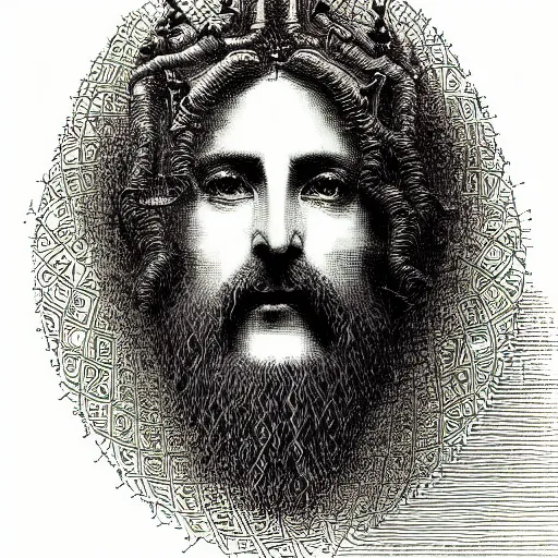 Prompt: A realistic portrait of a deity-of-language by Gustave Dore in ASCII art style