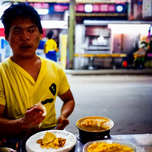 Image similar to a photograph of pikachu, with a towel over his neck, flipping roti prata at a hawker stall in singapore, nikkor 3 5 mm f / 4. 5, press photography - c 5 0