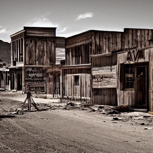 Image similar to Abandoned Wild West town at high noon, hyperrealistic