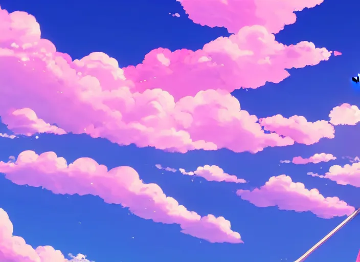 Image similar to pink and blue sky, japanese anime, studio ghibli style, Your Name movie style, main character standing looking at sky, wallpaper, 4k, 8k, digital art