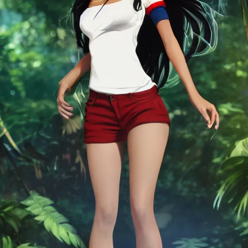 Image similar to nagatoro accurate brown skin color, using white and red tight raglan sleeves, tight blue jeans, in a tropical forest, burning hair glowy fire flames hair in flames hair fire hair, artstation, 3 d ray tracing, lumen, octane render flawless masterpiece concept art professionally post processed by wlop