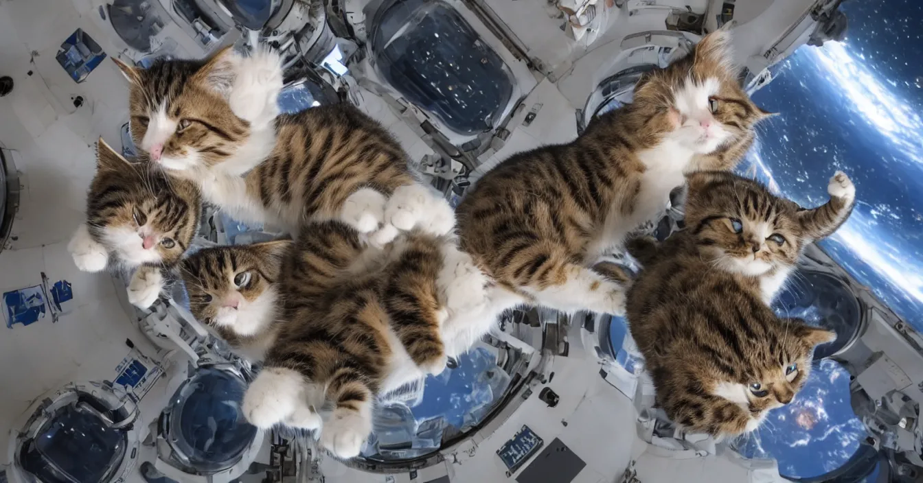 Prompt: Photo of cats floating inside the International Space Station in zero gravity, highly-detailed 4K award-winning cinematic, wide angle