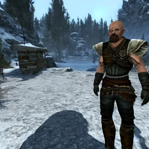 Image similar to Video game screenshot of Walter White as a guard NPC in the Elder Scrolls V Skyrim