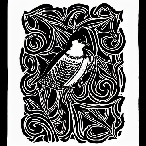 Image similar to magpie bold stylized block print, 4k, black ink on white paper