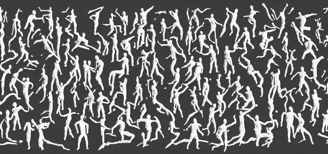 Image similar to multiple close interacting human figures as olympic icons, explosions!, caves!, holes, mountains, trees!!, concept art, illustration, transparency, sss, occlusion, high contrast, very long shadows, on white