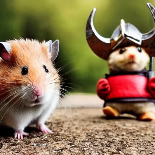 Prompt: a hamster in a viking costume with an axe and a helmet