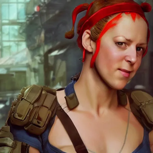 Image similar to kristen schaal as cammy street fighter, long blonde pigtails, ultra realistic, concept art, intricate details, highly detailed, photorealistic, octane render, 8 k, unreal engine, art by frank frazetta, simon bisley, brom