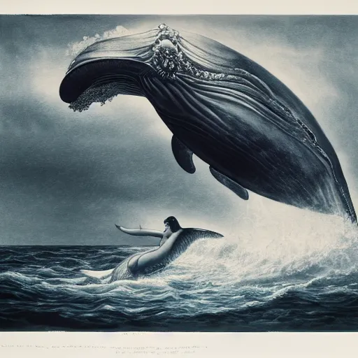 Prompt: maori girl riding a whale in ocean ,in the rain, style of Hiroshi Sugimoto ,atmospheric illustration, horror