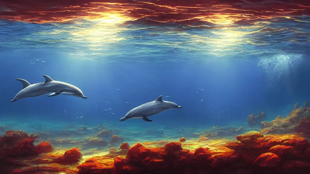 Prompt: underwater sea, summer, sun rays shining through the surface, dolphins swimming, peaceful, amazing, by andreas rocha and john howe, and Martin Johnson Heade, featured on artstation, featured on behance, golden ratio, ultrawide angle, f32, well composed