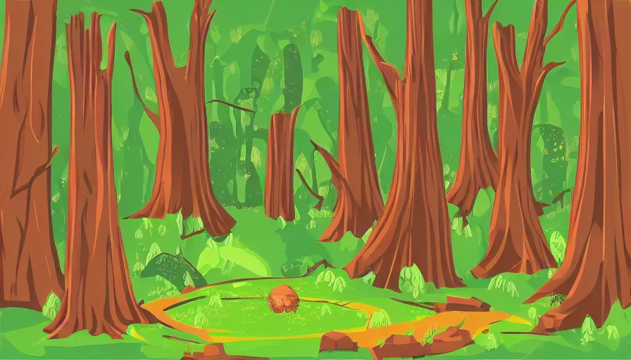 Image similar to forest filled with ruins, giant trees, tiny rocket, colorful, vector style drawing