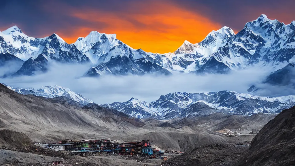 Prompt: sunset moody picture of the Himalayan mountain range with a large McDonalds restaurant ilocated on a glacier in the front middle of the picture, landscape photography