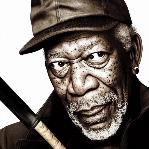 Prompt: photo of Morgan Freeman dressed as Negan, mischievous look with his barbed baseball bat Lucille, in the style of George Hurrell, white fog, octane render