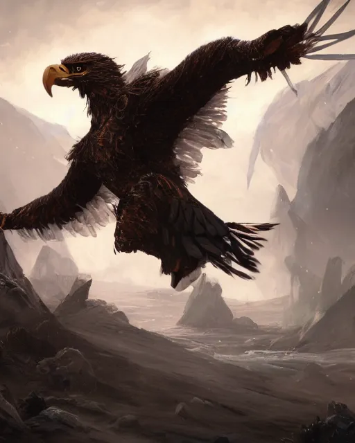 Image similar to oil painting of Angry Anthropomorphized Eagle Berserker, wearing fur armor, claws, sharp focus, attack pose, fantasy style, octane render, volumetric lighting, 8k high definition, by greg rutkowski, highly detailed, trending on art Station, magic the gathering artwork, burning Battlefield background, centered