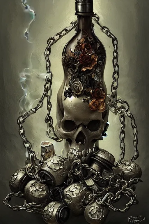 Image similar to beutifull and very tired womanlooking pile off empty bottles, skull made out of smoke coming out of bottles,, fantasy, intricate, elegant, highly detailed, digital painting, artstation, concept art, addiction, chains, smooth, sharp focus, illustration, art by Ilja Repin