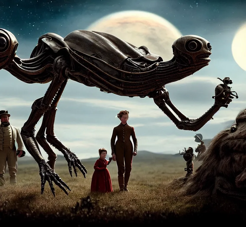 Image similar to sharp, highly detailed, film from a 2 0 1 9 sci fi 8 k movie, set in 1 8 6 0, a human family riding on the back of small cute alien creatures, across an alien landscape, wearing 1 8 6 0 s clothes, atmospheric lighting, in focus, reflective eyes, 3 5 mm macro lens, live action, nice composition