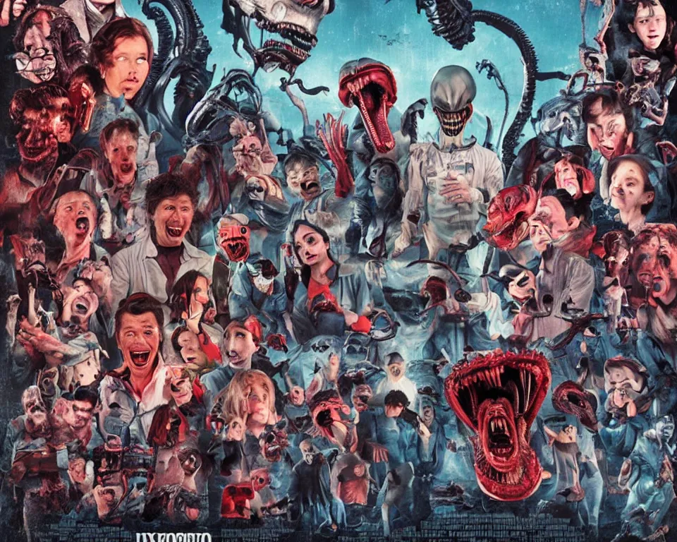 Image similar to a horror movie poster featuring xenomorphs invading disneyland