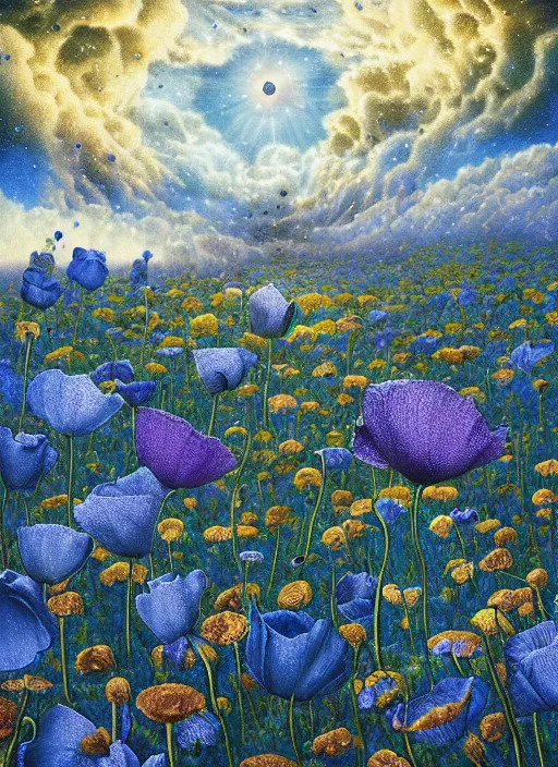 Image similar to detailed, intricate blue black and purple papaverum flower on the field, nebula, galaxy in the sky, winning award masterpiece, fantastically beautiful, illustration, aestheticly inspired, jacek yerka, upscale with anguissola sofonisba work, artstation, 8 k