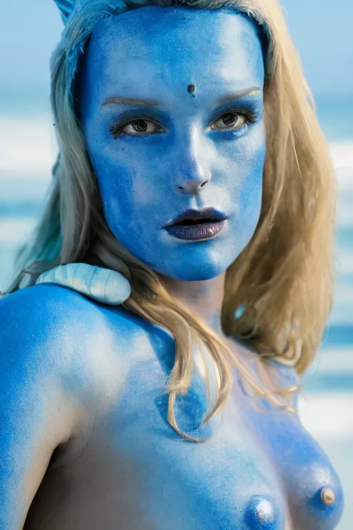 Prompt: a young german woman dressed as a blue-skinned triton from DND standing on a beach, blue body paint, high resolution film still, 8k, HDR colors, cosplay, outdoor lighting, high resolution photograph, photo by bruce weber, beautiful symmetric face